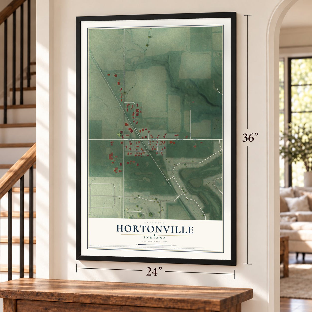 Hortonville, Indiana map, 24 x 36 inch print in a black frame by a staircase