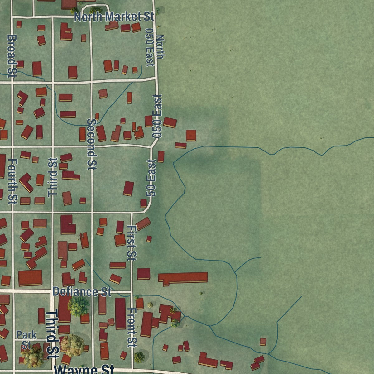 Close-up of the map of Howe, Indiana print showing street and building detail