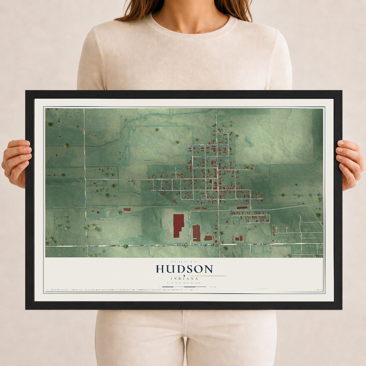 Map of Hudson, Indiana, 12 x 18 inch print in a black wood frame