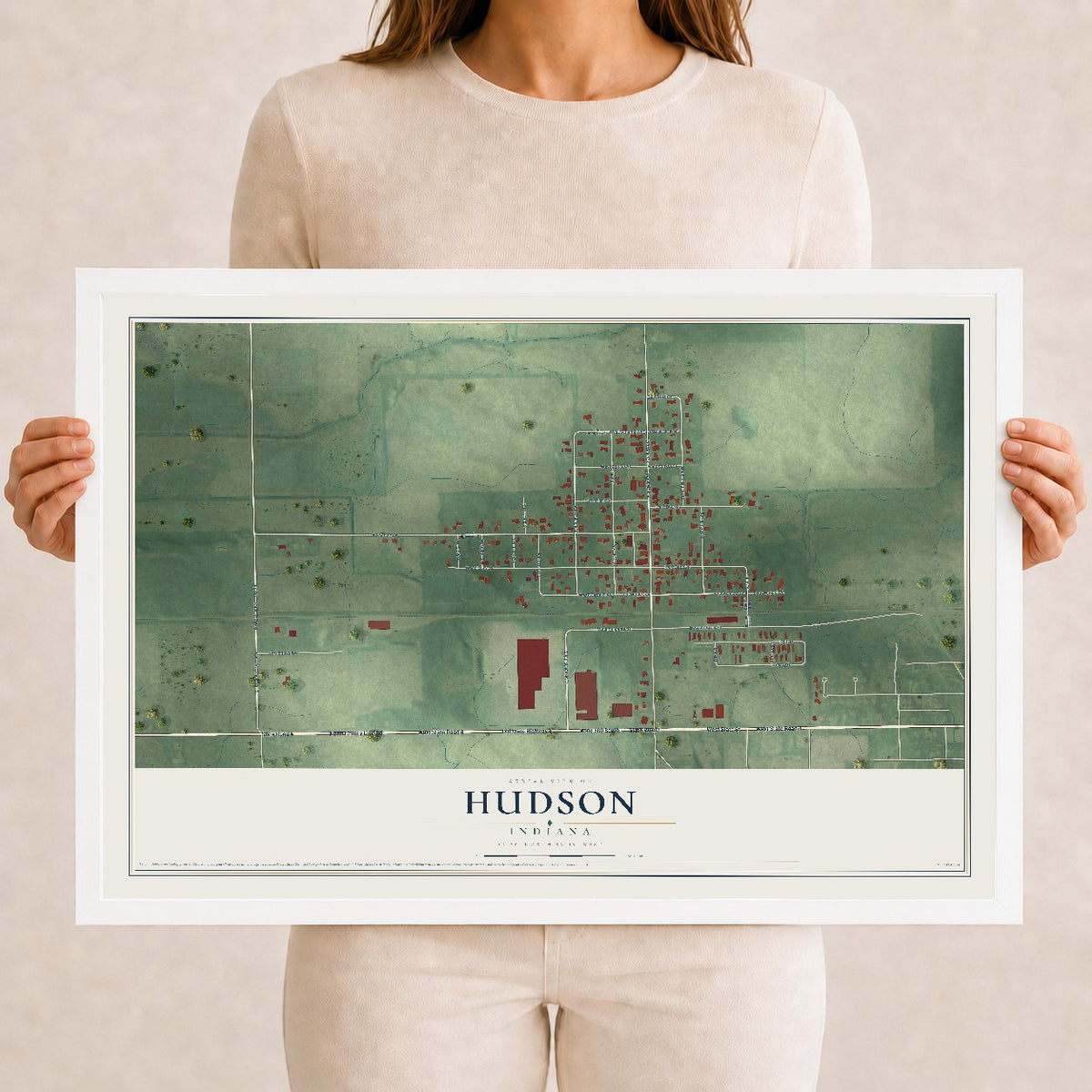 Map of Hudson, Indiana, 12 x 18 inch print in a white wood frame