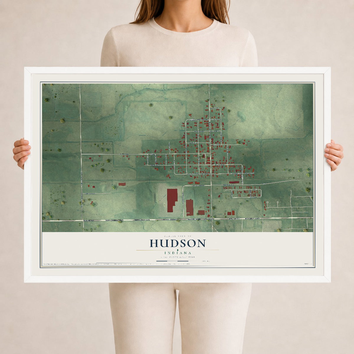 Map of Hudson, Indiana, 24 x 36 inch print in a white wood frame