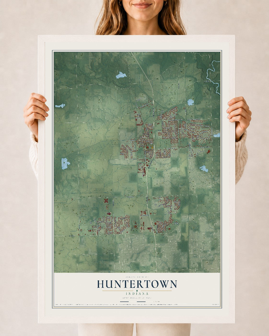 Map of Huntertown, Indiana, 24 x 36 inch print in a white wood frame
