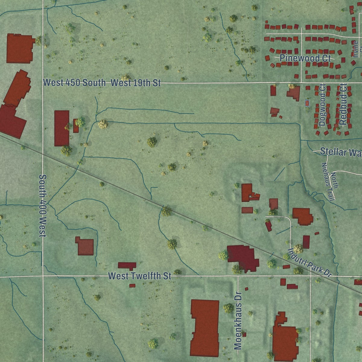 Second close-up of the map of Huntingburg, Indiana print showing more streets and buildings