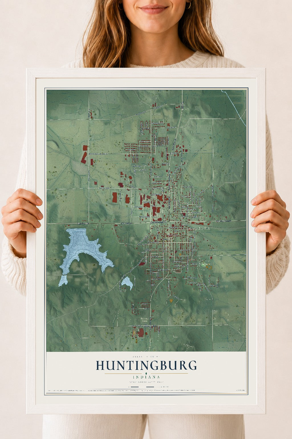 Map of Huntingburg, Indiana, 18 x 24 inch print in a white wood frame