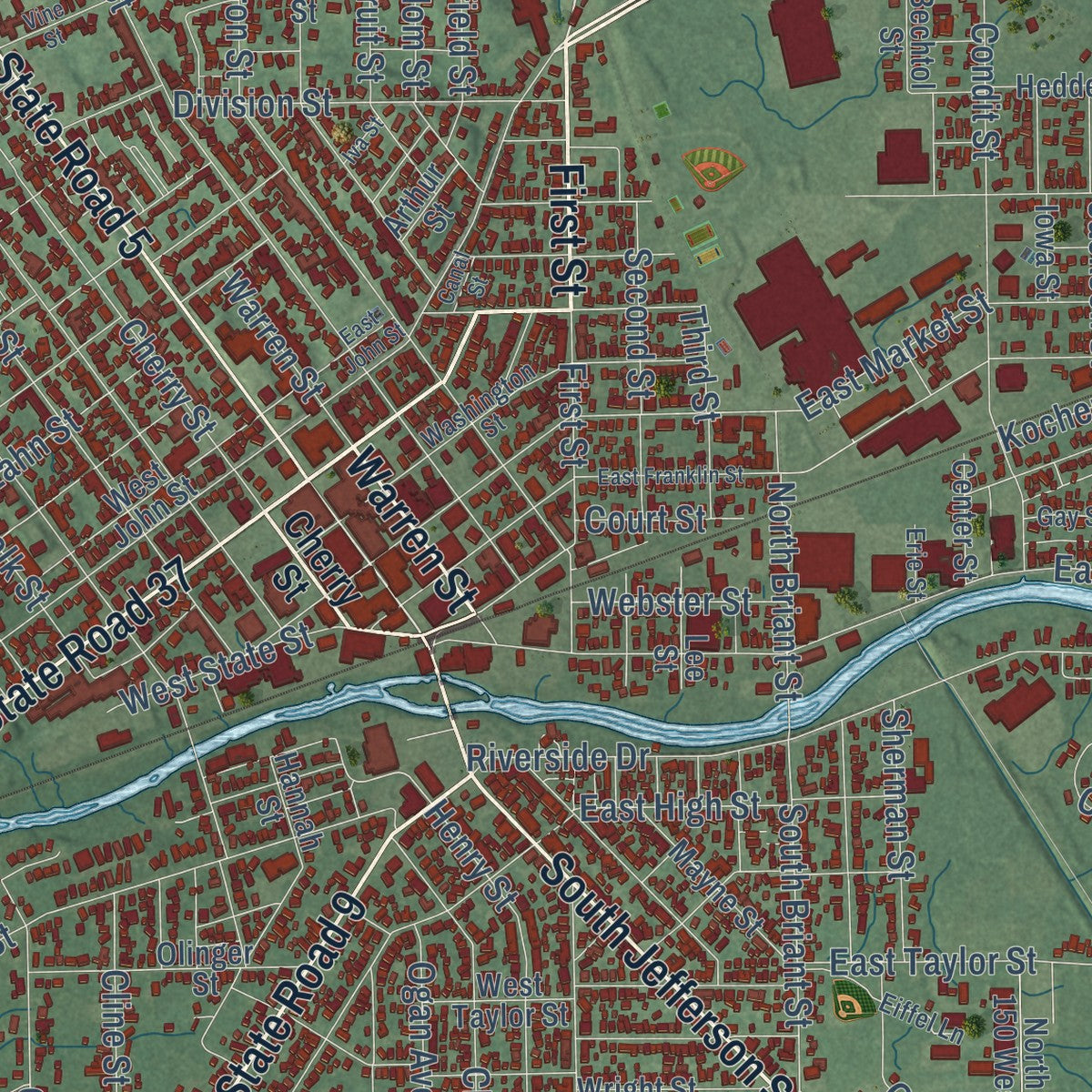 Close-up of the map of Huntington, Indiana print showing street and building detail