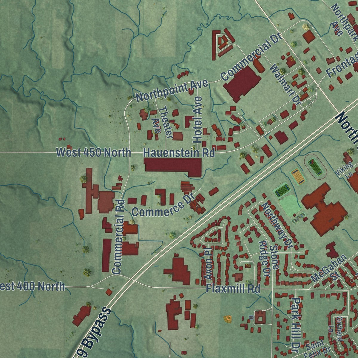 Second close-up of the map of Huntington, Indiana print showing more streets and buildings
