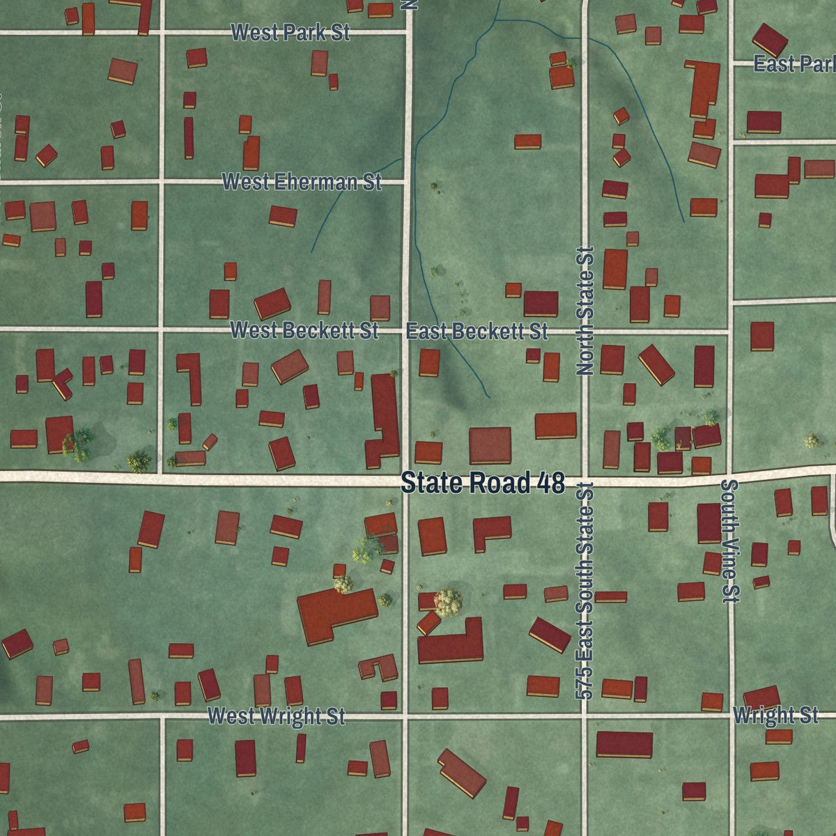 Close-up of the map of Hymera, Indiana print showing street and building detail
