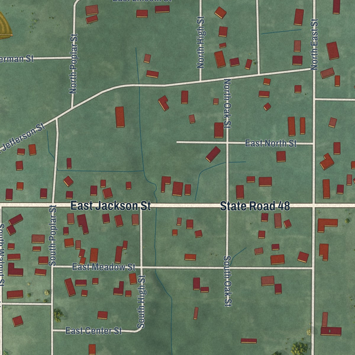 Second close-up of the map of Hymera, Indiana print showing more streets and buildings