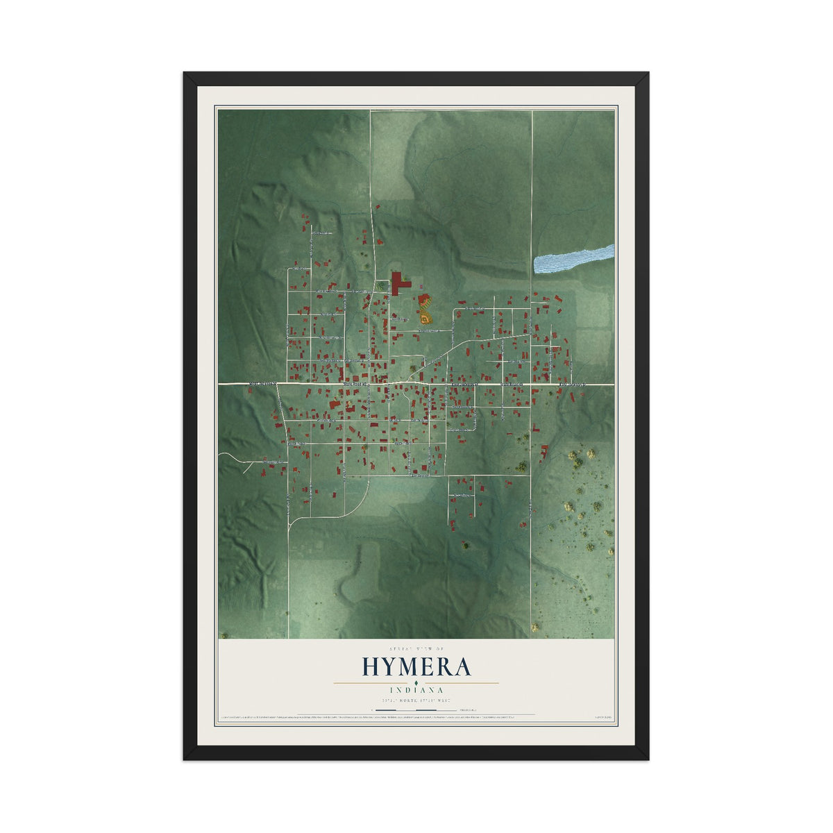Map of Hymera, Indiana, 12 x 18 inch print in a black wood frame