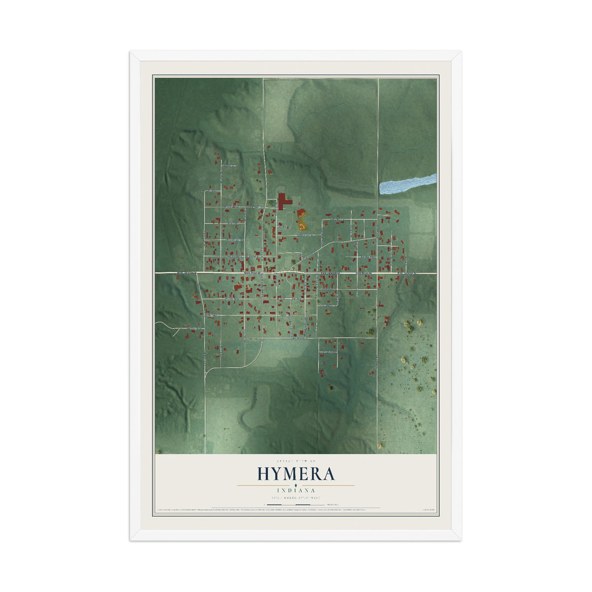 Map of Hymera, Indiana, 12 x 18 inch print in a white wood frame