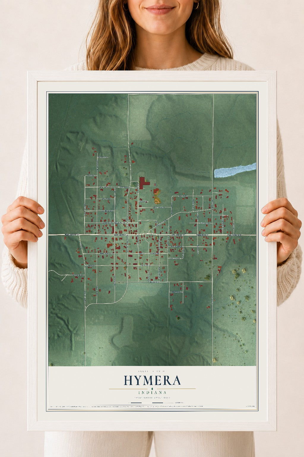 Map of Hymera, Indiana, 18 x 24 inch print in a white wood frame