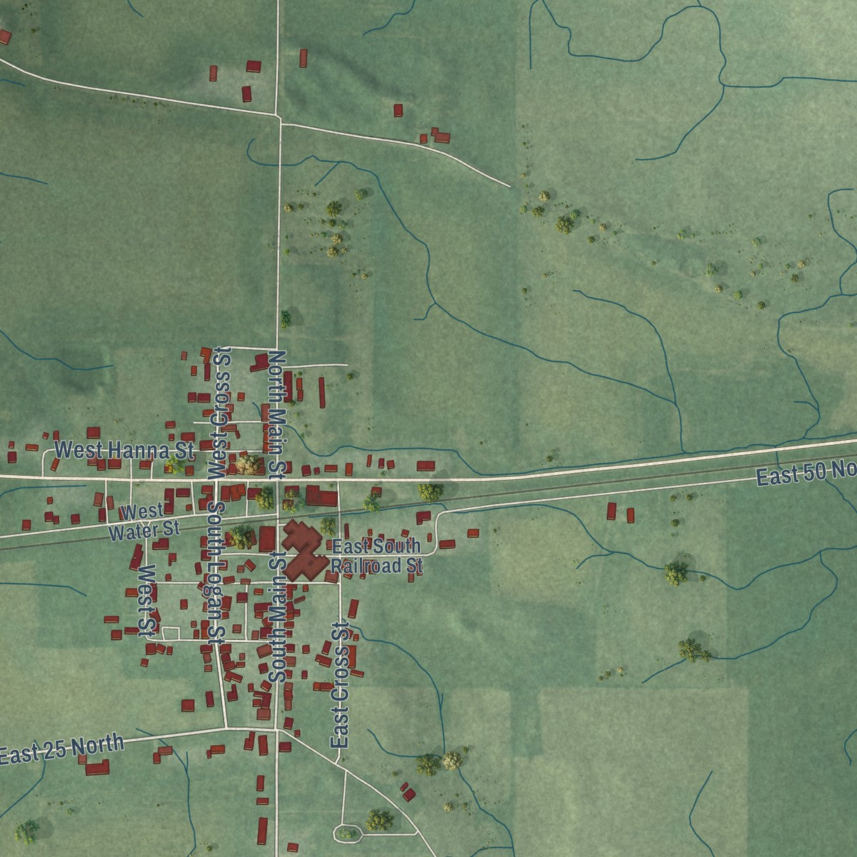 Close-up of the map of Idaville, Indiana print showing street and building detail