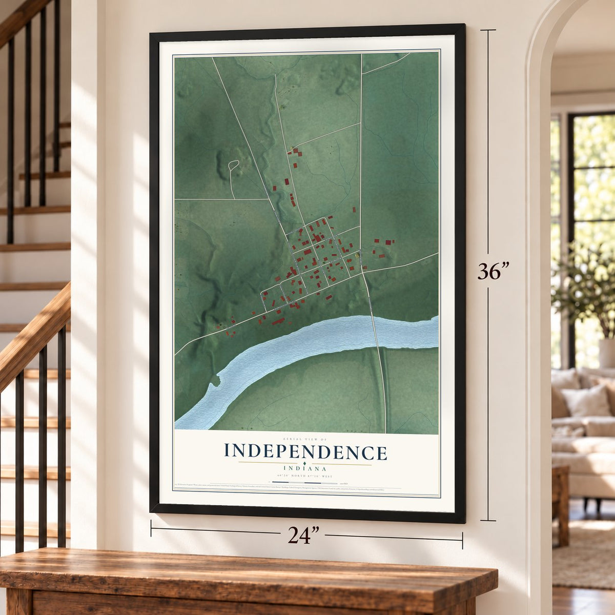 Independence, Indiana map, 24 x 36 inch print in a black frame by a staircase