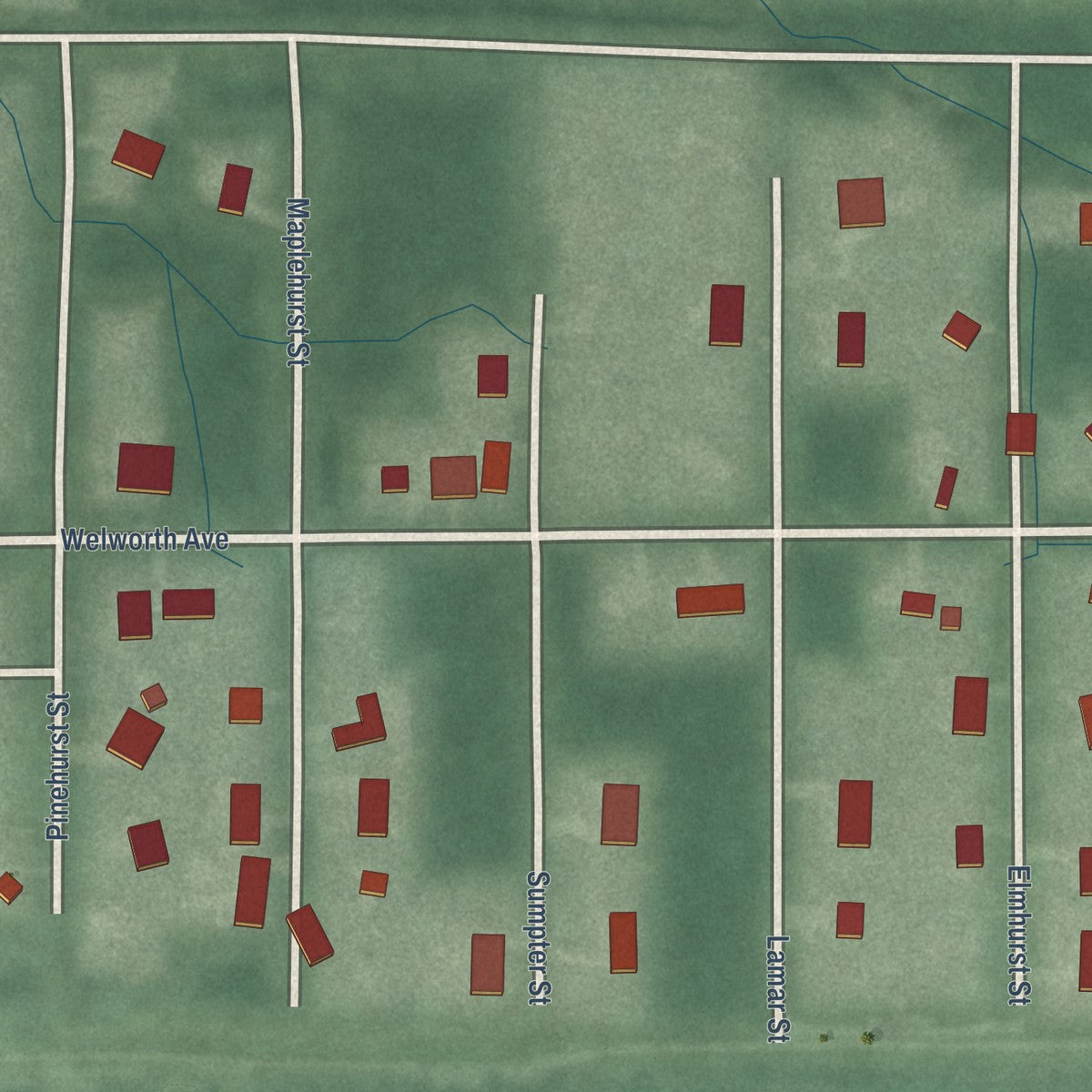 Close-up of the map of Indian Village, Indiana print showing street and building detail