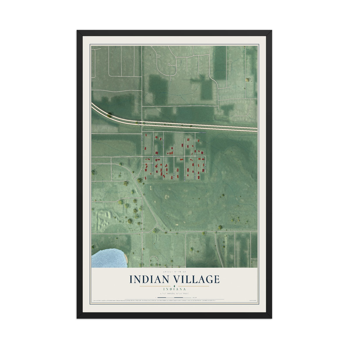 Map of Indian Village, Indiana, 12 x 18 inch print in a black wood frame