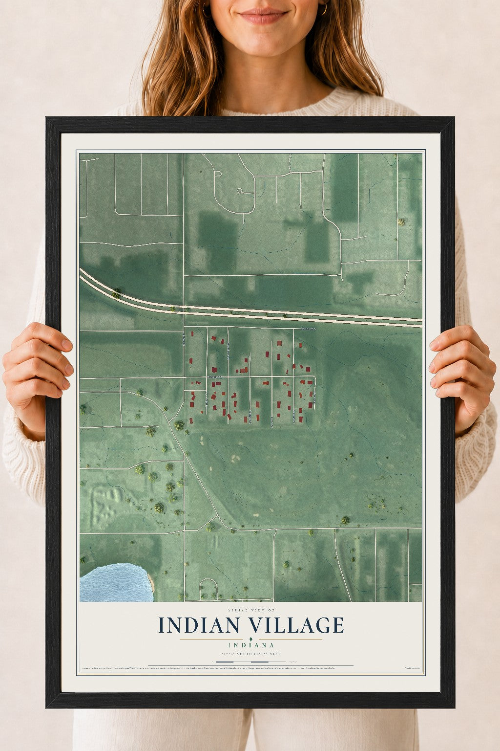 Map of Indian Village, Indiana, 18 x 24 inch print in a black wood frame