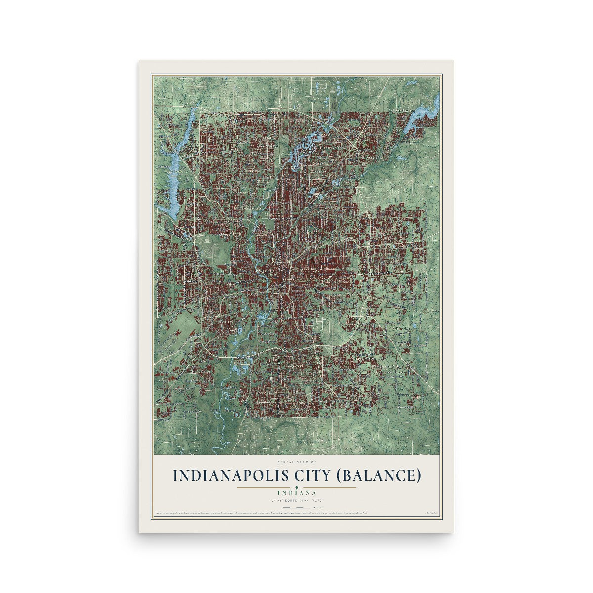 Map of Indianapolis city (balance), Indiana, 12 x 18 inch unframed archival matte print
