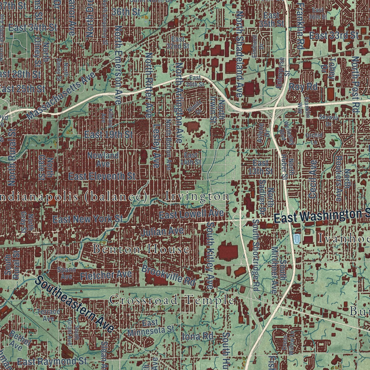 Close-up of the map of Indianapolis city (balance), Indiana print showing street and building detail