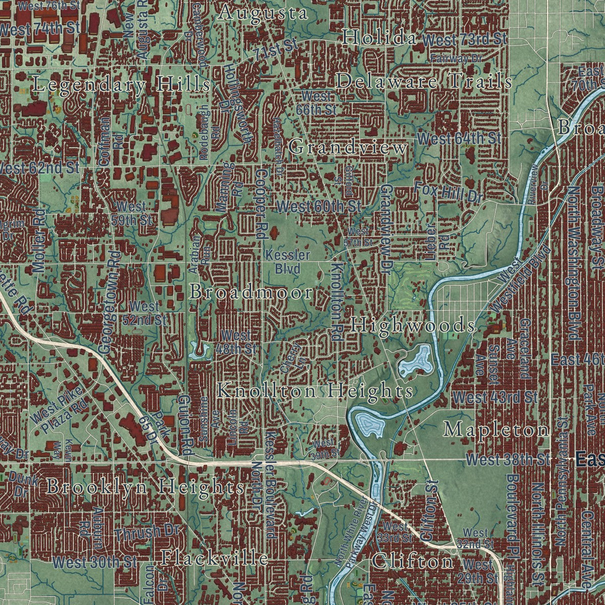Second close-up of the map of Indianapolis city (balance), Indiana print showing more streets and buildings