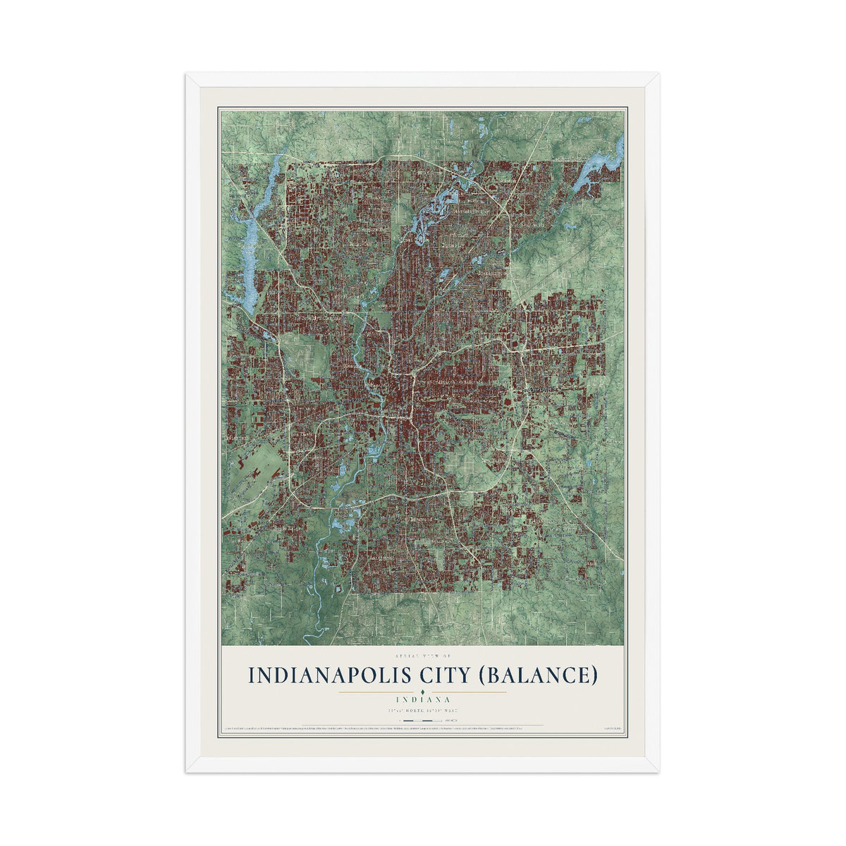 Map of Indianapolis city (balance), Indiana, 12 x 18 inch print in a white wood frame