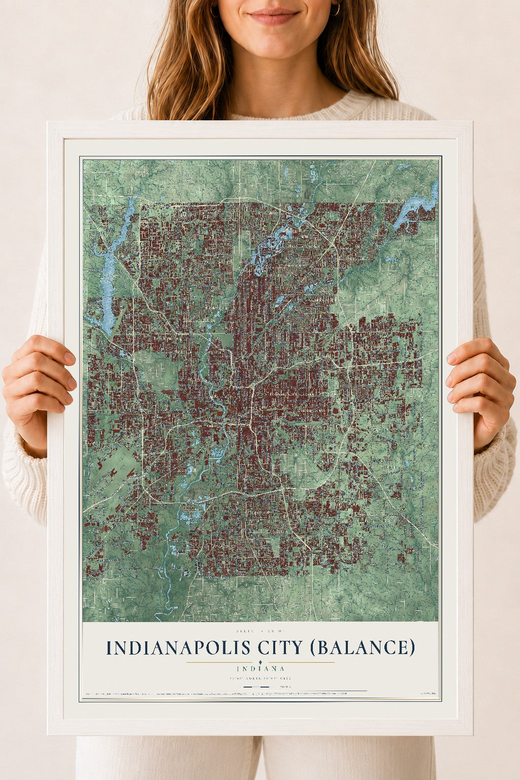 Map of Indianapolis city (balance), Indiana, 18 x 24 inch print in a white wood frame