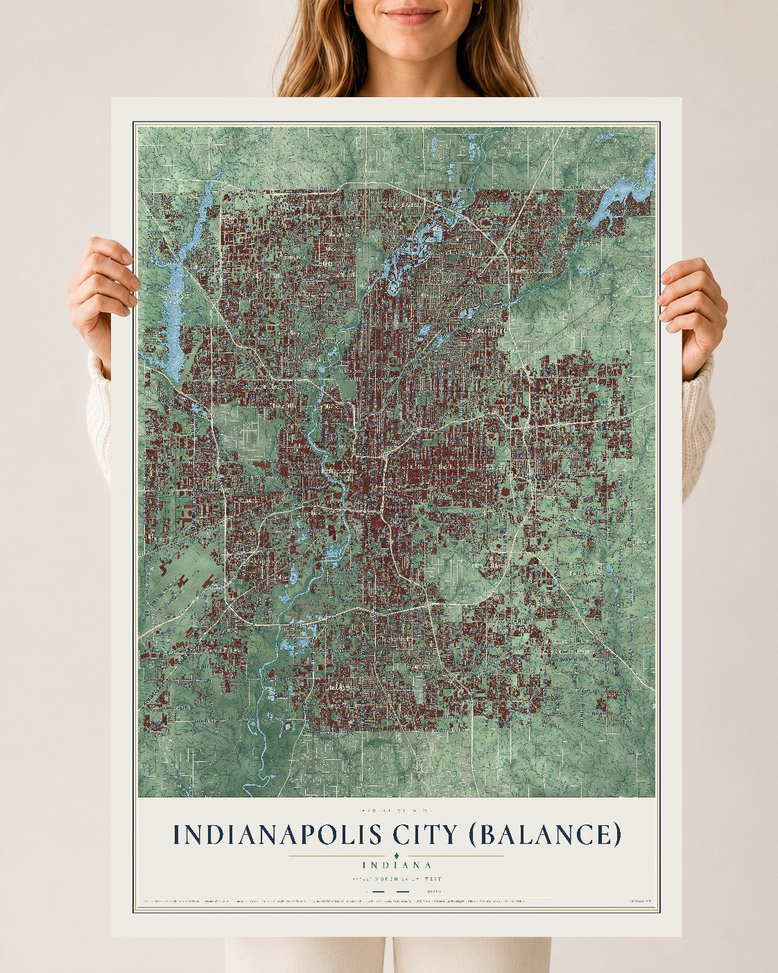 Map of Indianapolis city (balance), Indiana, 24 x 36 inch unframed archival matte print
