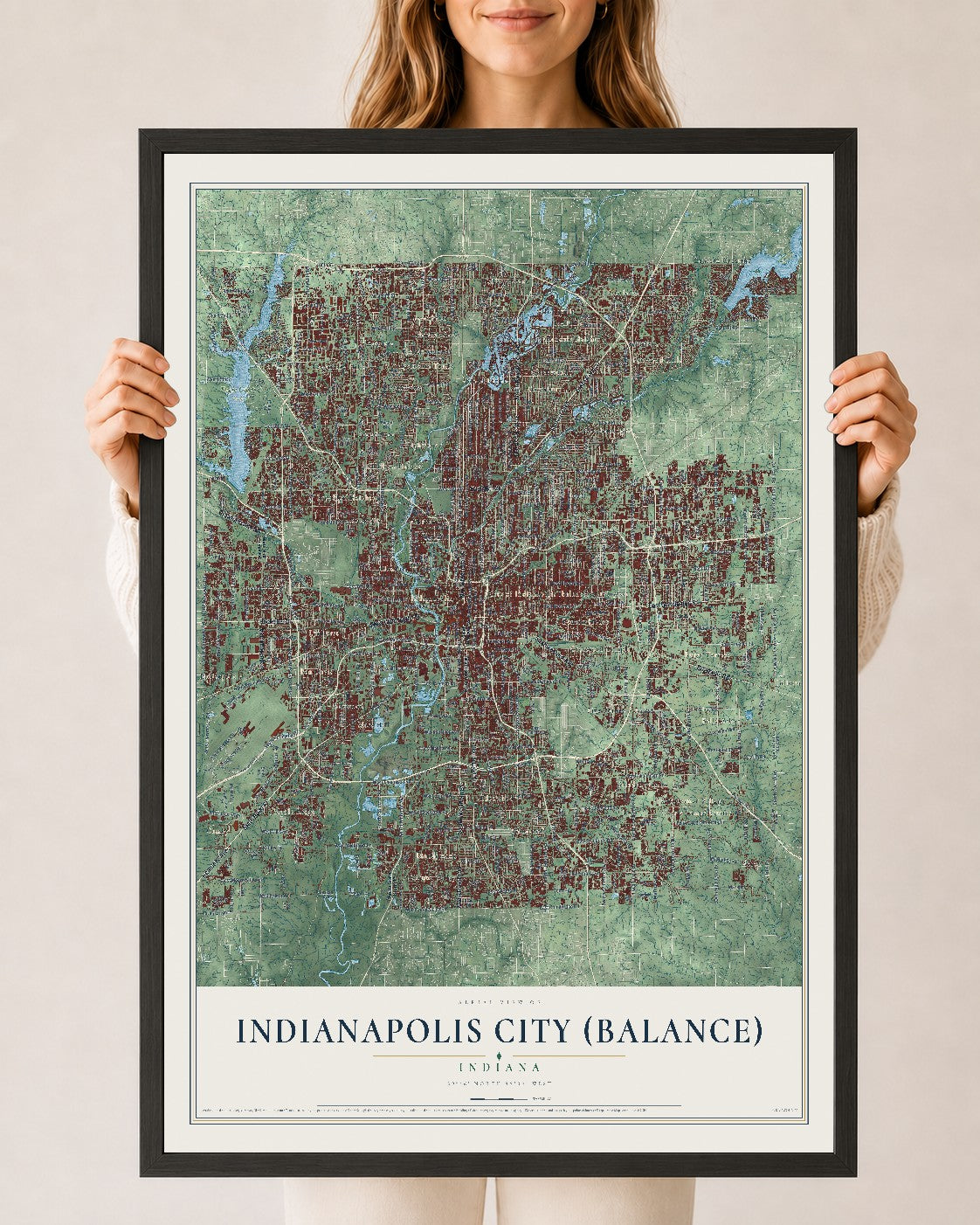 Map of Indianapolis city (balance), Indiana, 24 x 36 inch print in a black wood frame