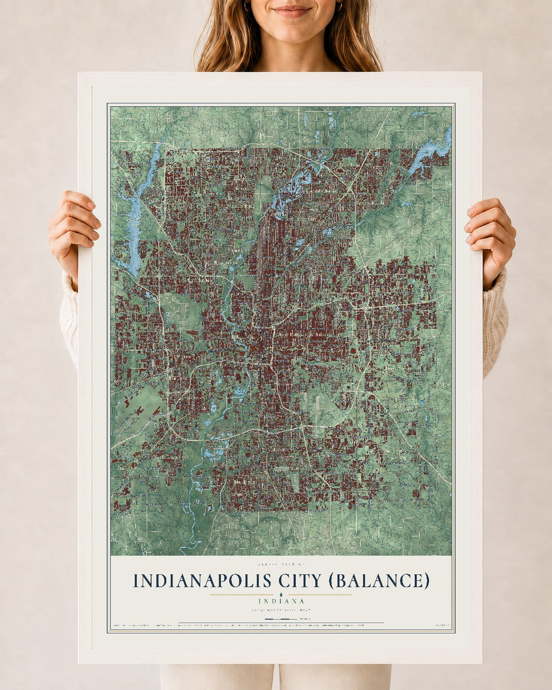 Map of Indianapolis city (balance), Indiana, 24 x 36 inch print in a white wood frame