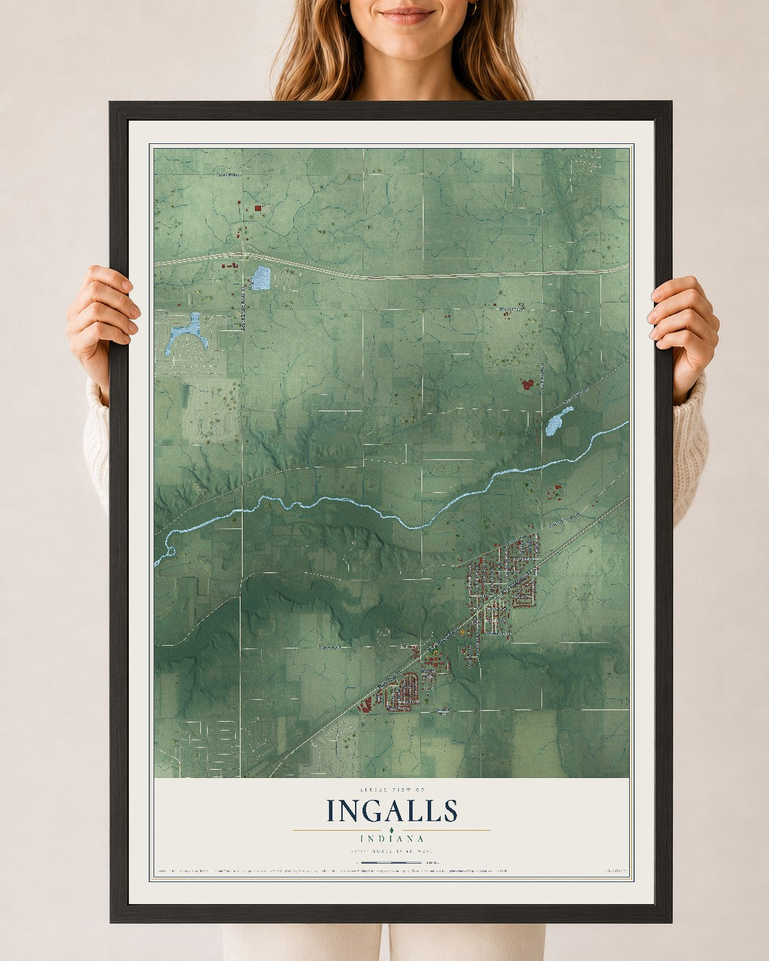 Map of Ingalls, Indiana, 24 x 36 inch print in a black wood frame