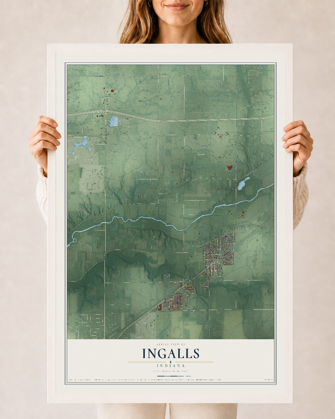 Map of Ingalls, Indiana, 24 x 36 inch print in a white wood frame