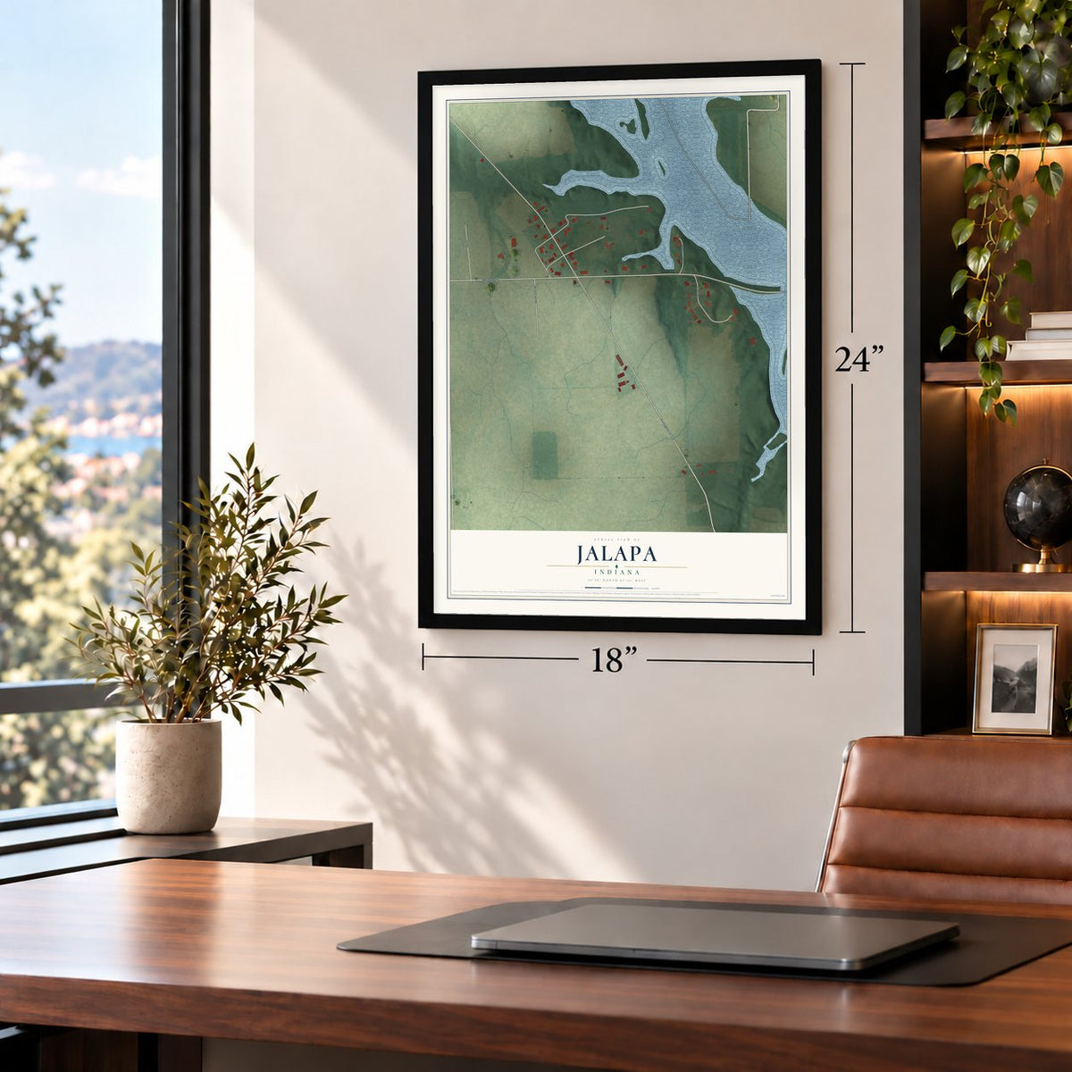 Jalapa, Indiana map, 18 x 24 inch print in a black frame in a home office