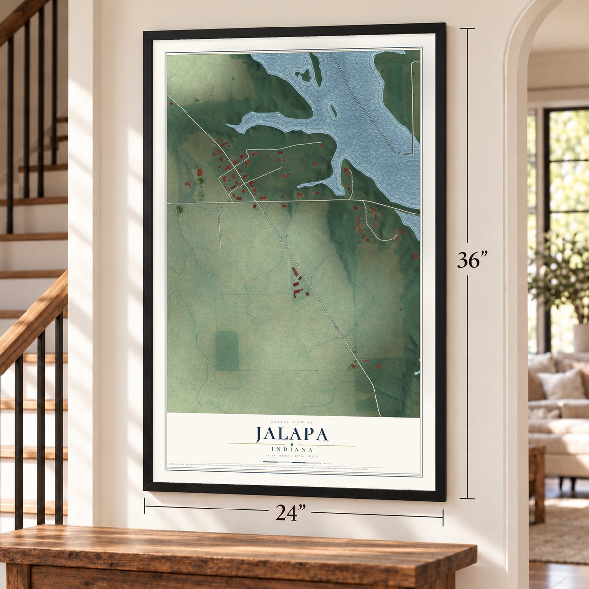 Jalapa, Indiana map, 24 x 36 inch print in a black frame by a staircase