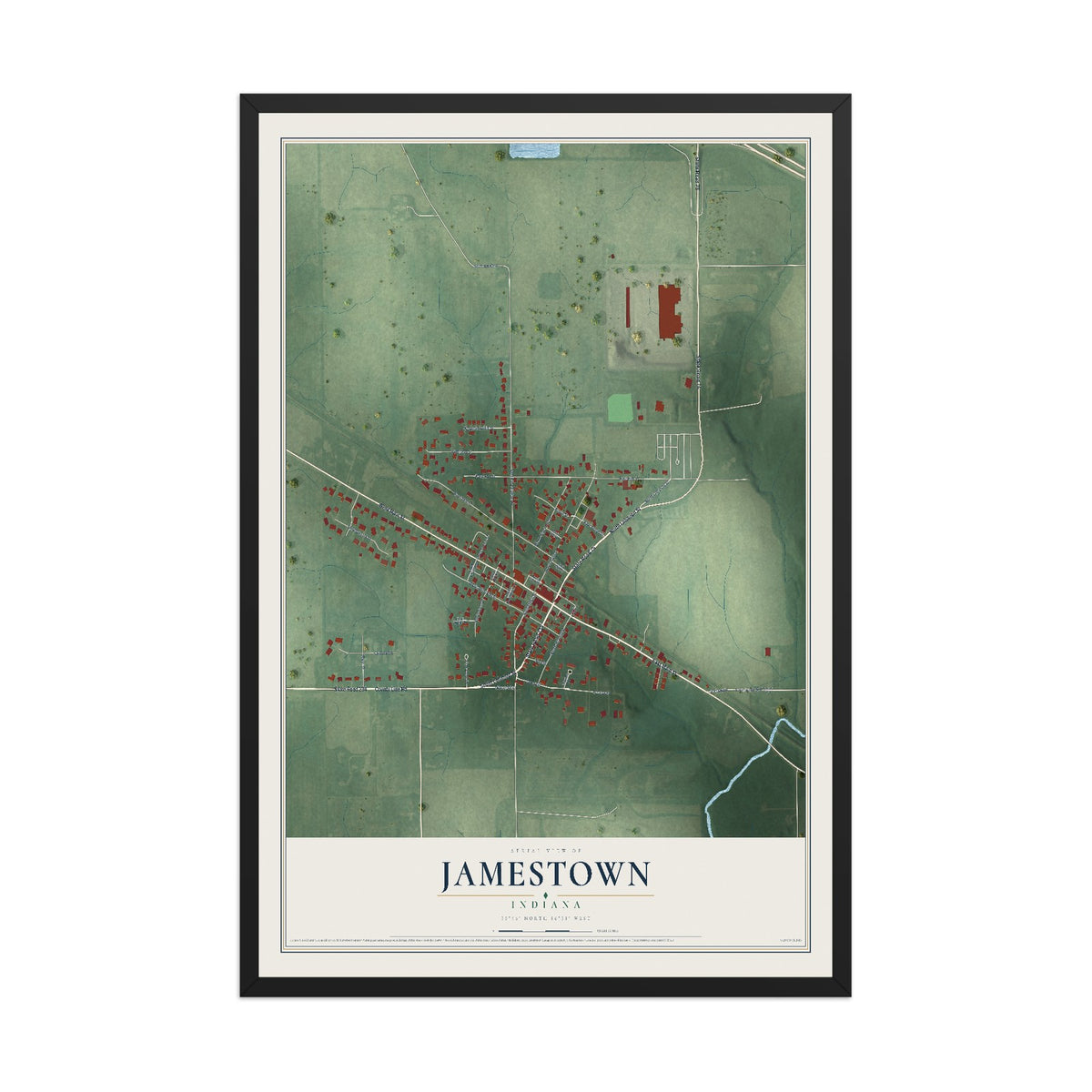 Map of Jamestown, Indiana, 12 x 18 inch print in a black wood frame