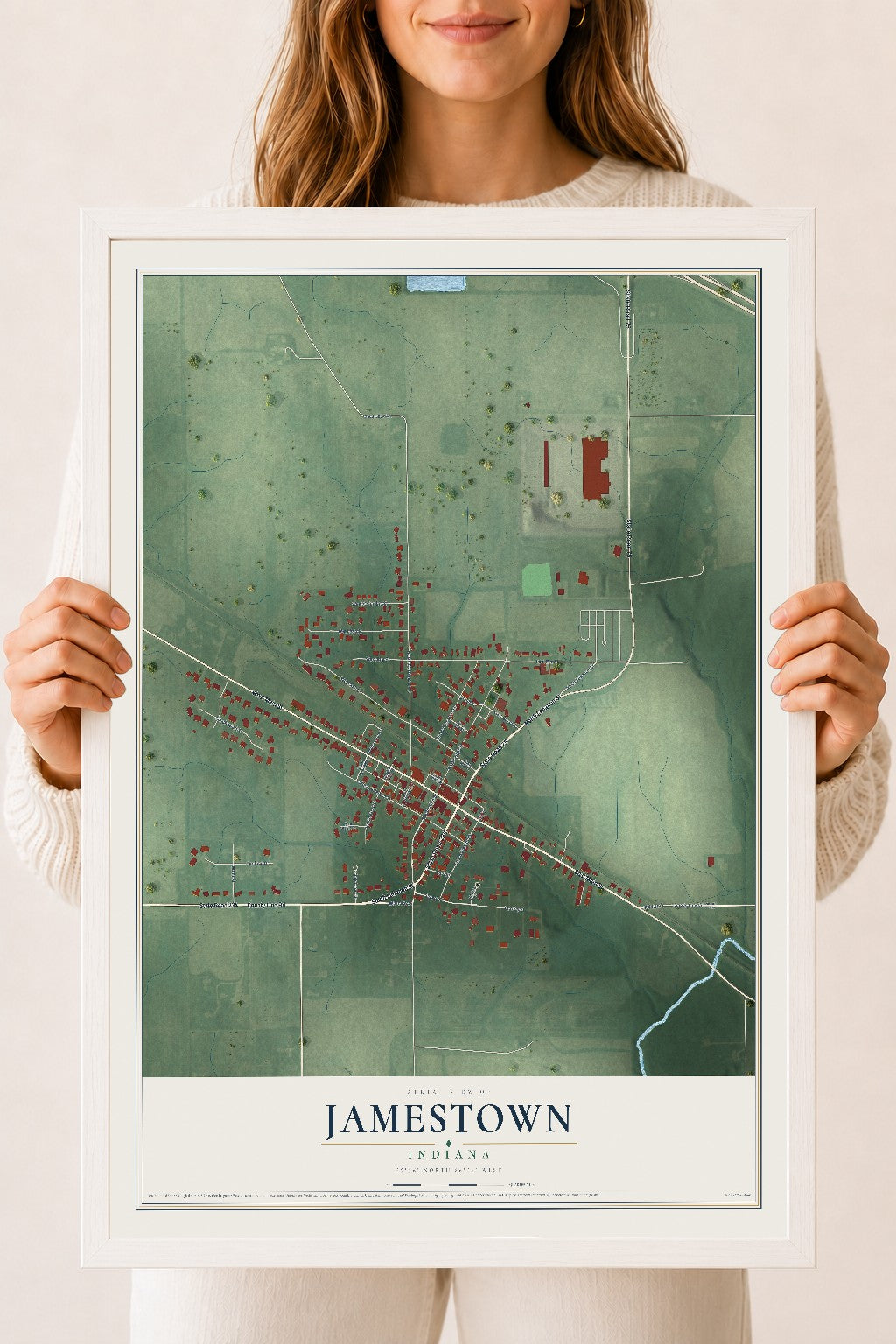 Map of Jamestown, Indiana, 18 x 24 inch print in a white wood frame