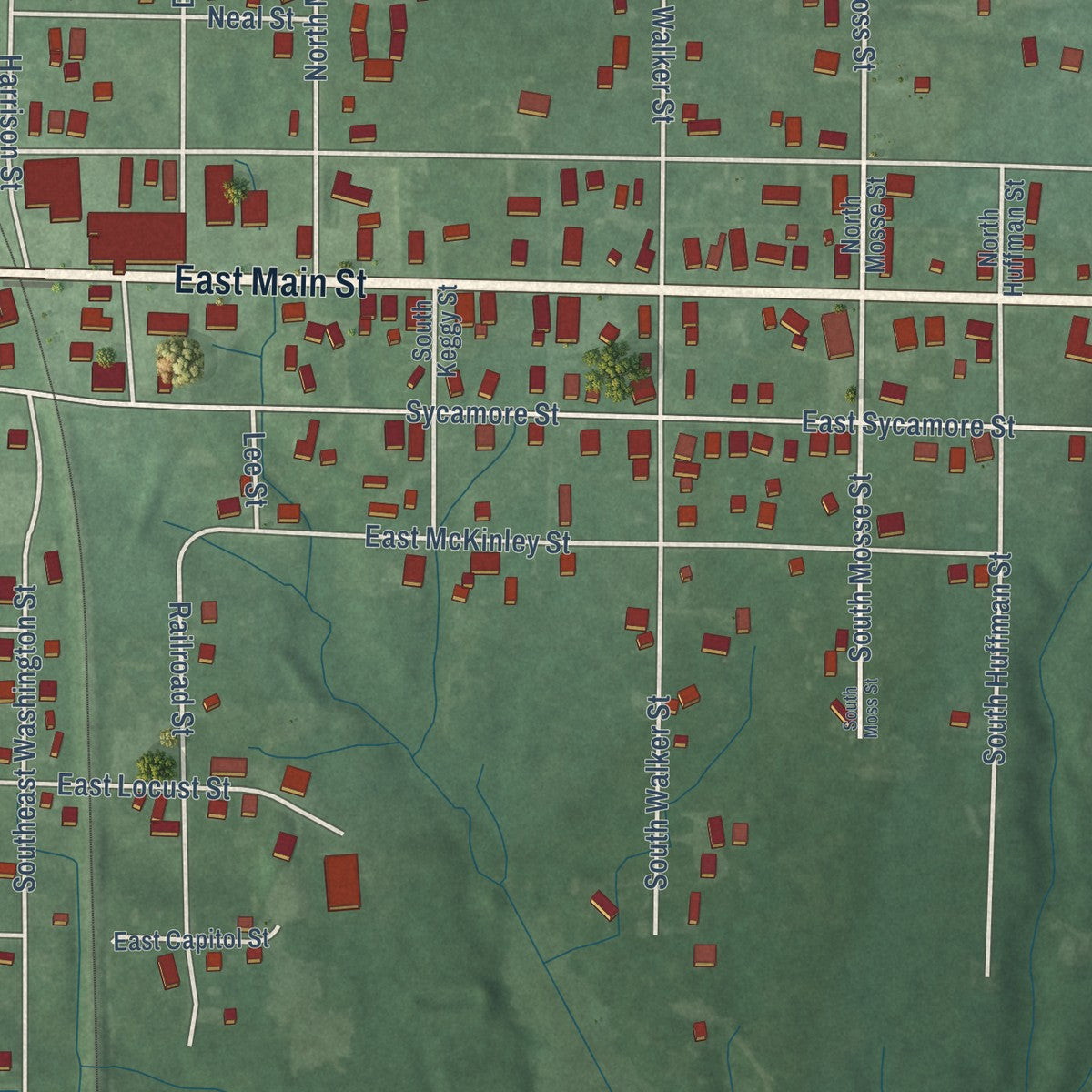 Second close-up of the map of Jasonville, Indiana print showing more streets and buildings