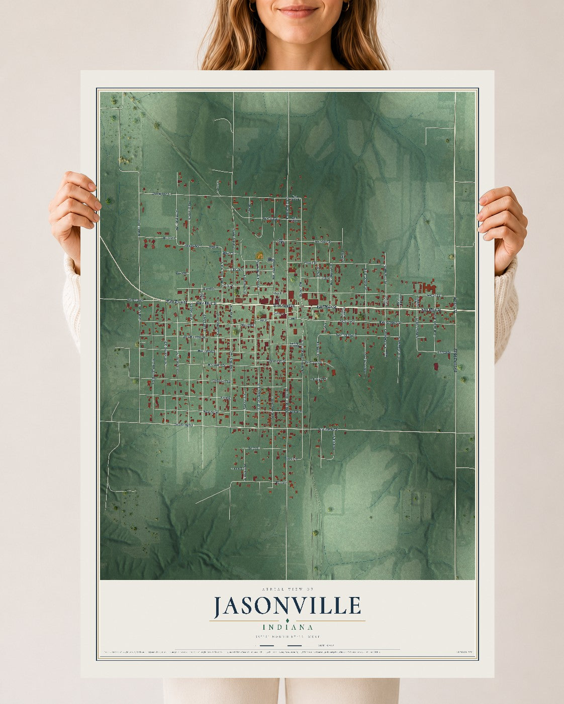 Map of Jasonville, Indiana, 24 x 36 inch unframed archival matte print