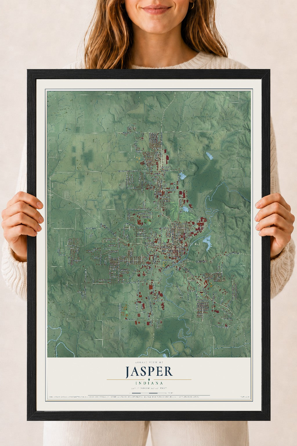 Map of Jasper, Indiana, 18 x 24 inch print in a black wood frame