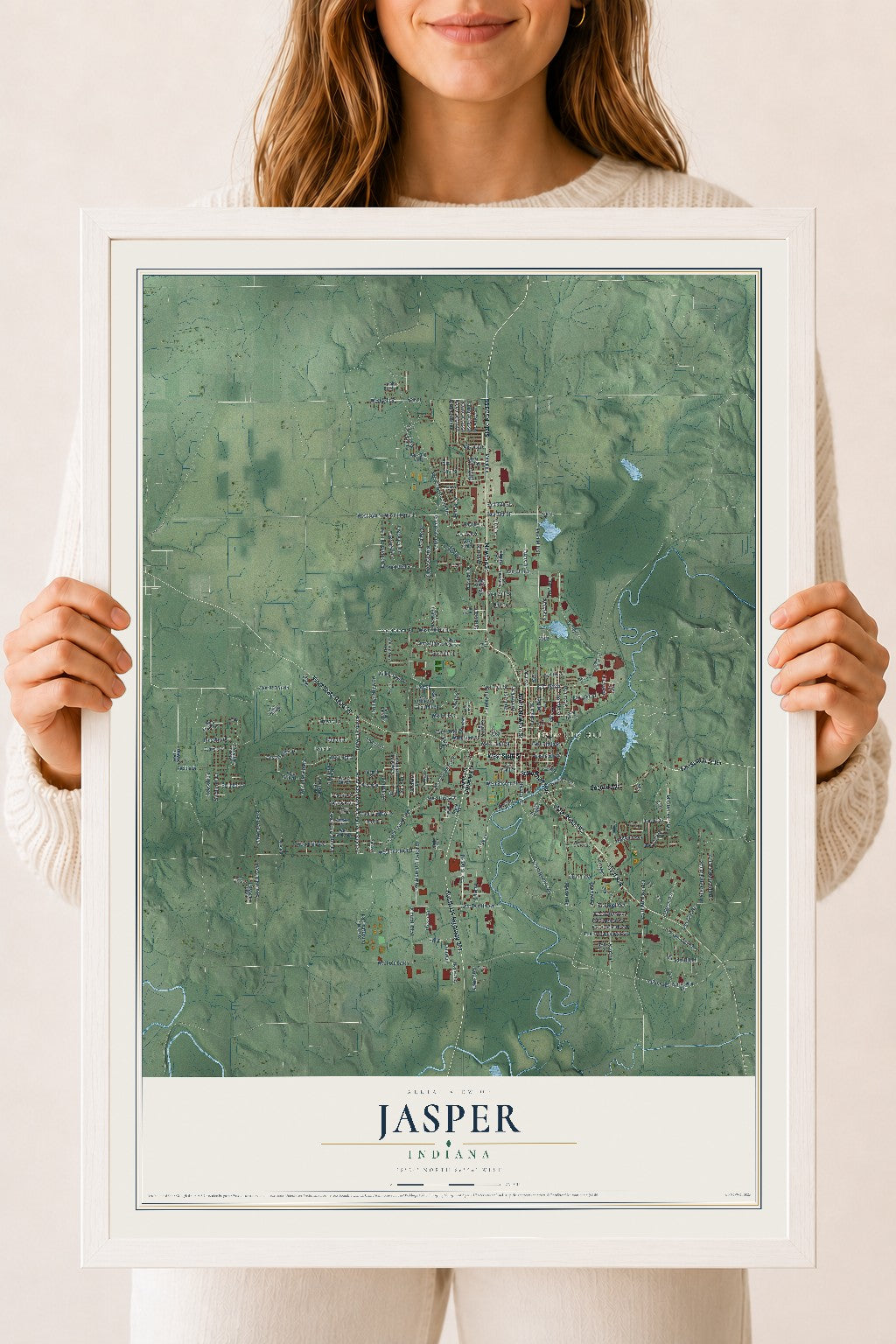 Map of Jasper, Indiana, 18 x 24 inch print in a white wood frame