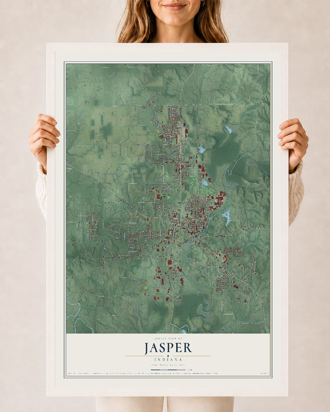 Map of Jasper, Indiana, 24 x 36 inch print in a white wood frame