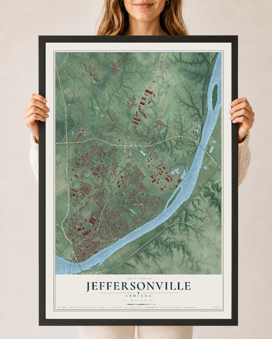 Map of Jeffersonville, Indiana, 24 x 36 inch print in a black wood frame