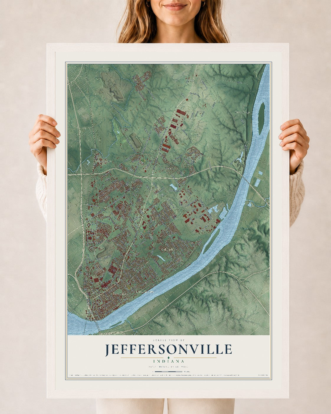Map of Jeffersonville, Indiana, 24 x 36 inch print in a white wood frame