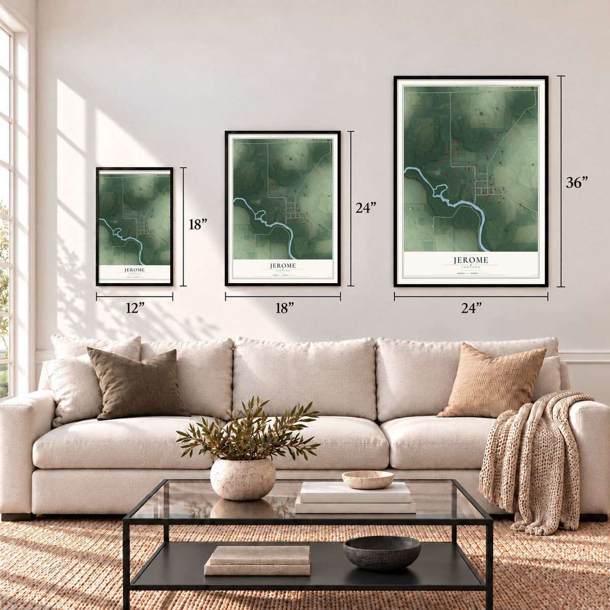 Jerome, Indiana map in 12 x 18, 18 x 24 and 24 x 36 inch sizes above a sofa