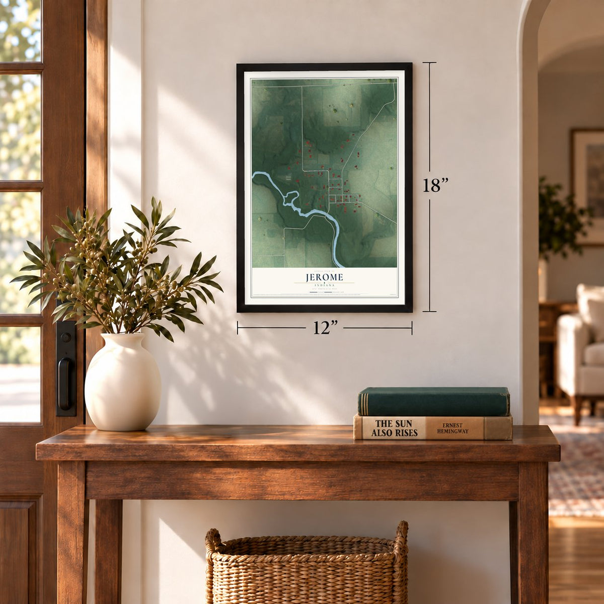 Jerome, Indiana map, 12 x 18 inch print in a black frame in an entryway