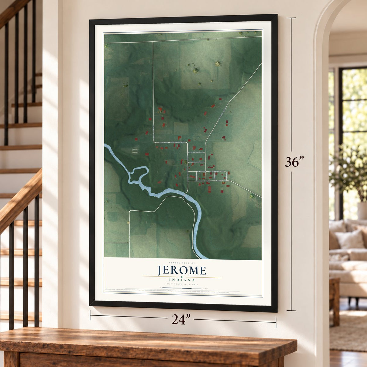 Jerome, Indiana map, 24 x 36 inch print in a black frame by a staircase