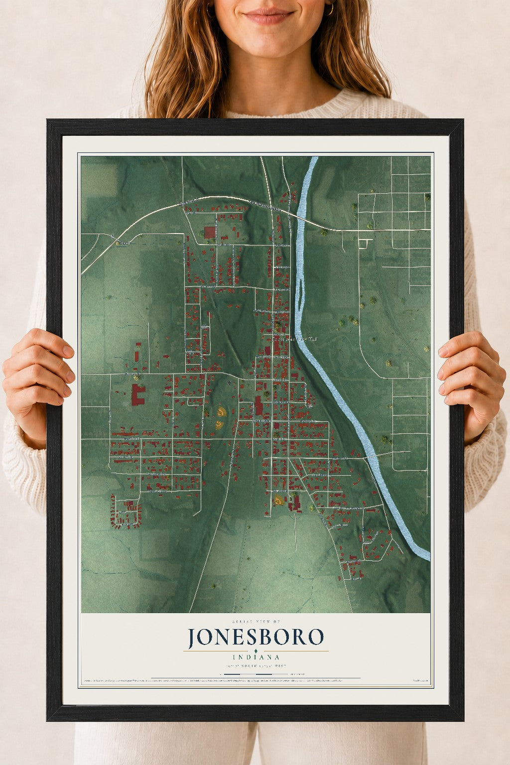 Map of Jonesboro, Indiana, 18 x 24 inch print in a black wood frame
