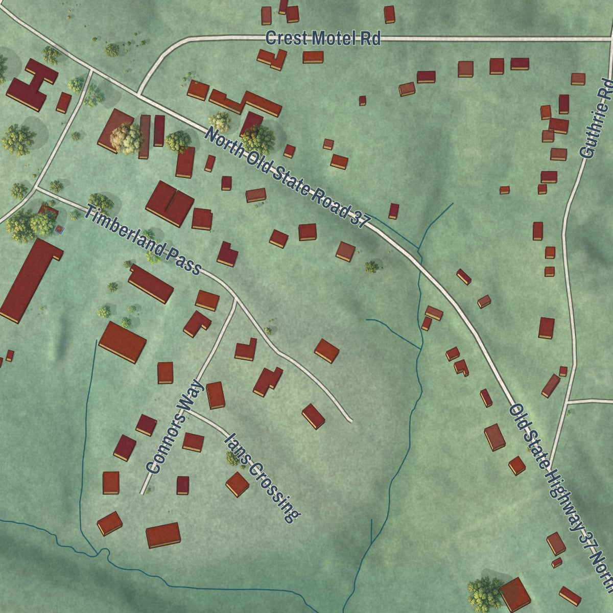 Close-up of the map of Judah, Indiana print showing street and building detail