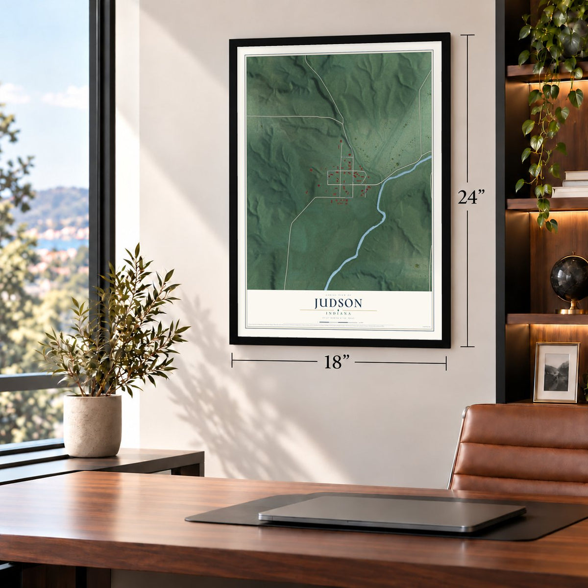 Judson, Indiana map, 18 x 24 inch print in a black frame in a home office