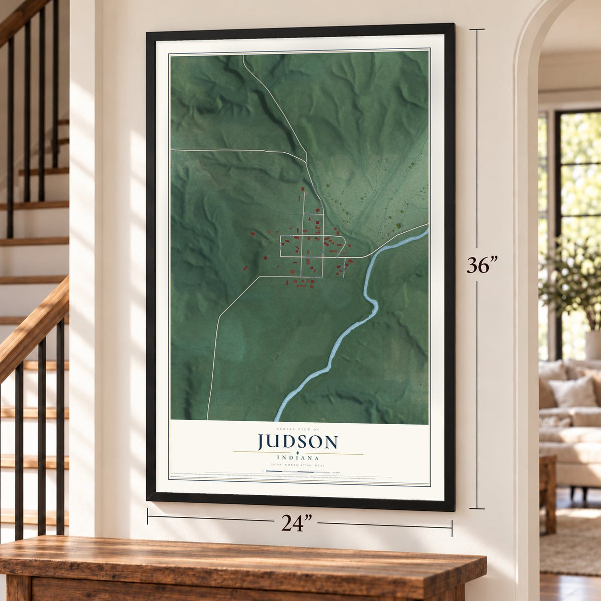 Judson, Indiana map, 24 x 36 inch print in a black frame by a staircase