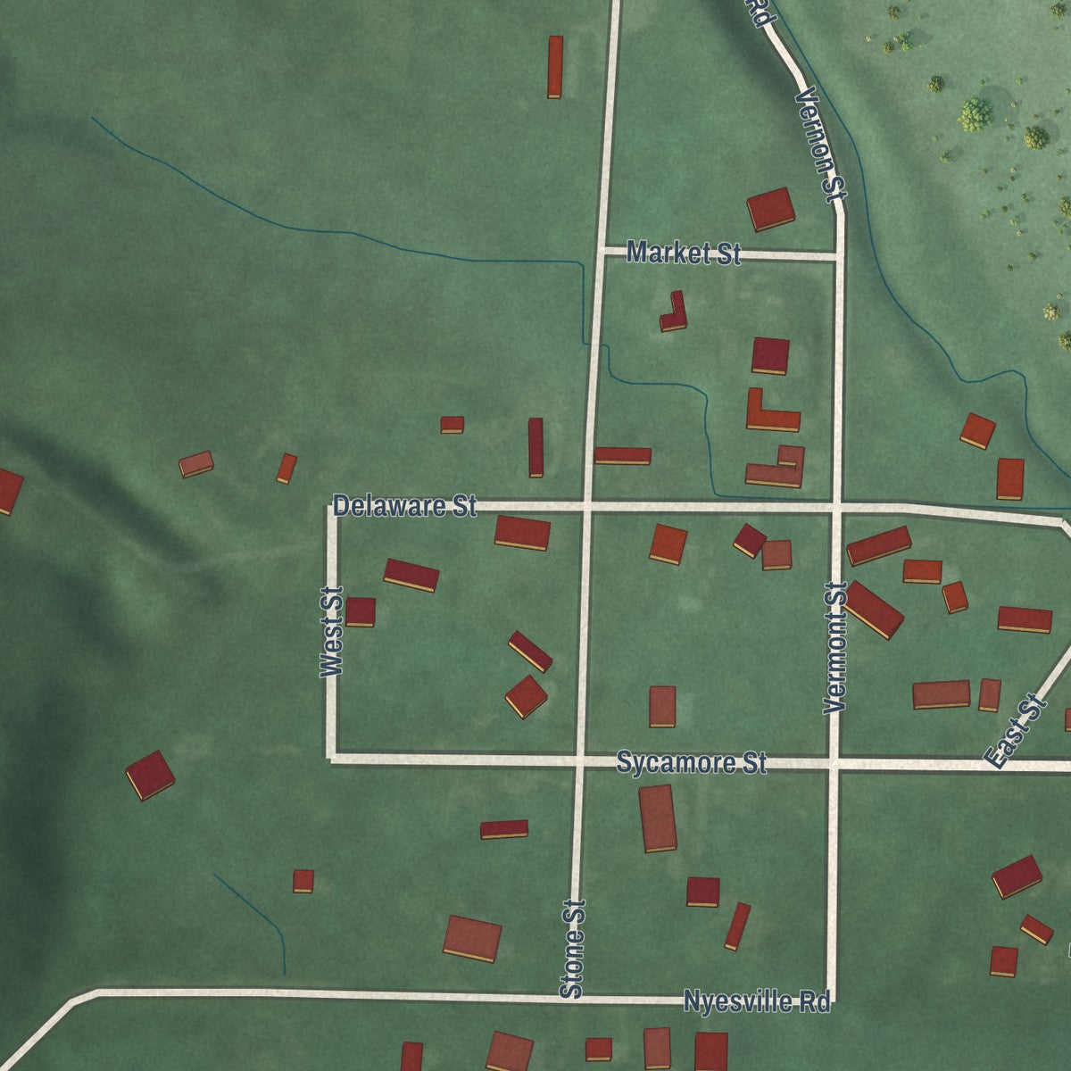 Close-up of the map of Judson, Indiana print showing street and building detail