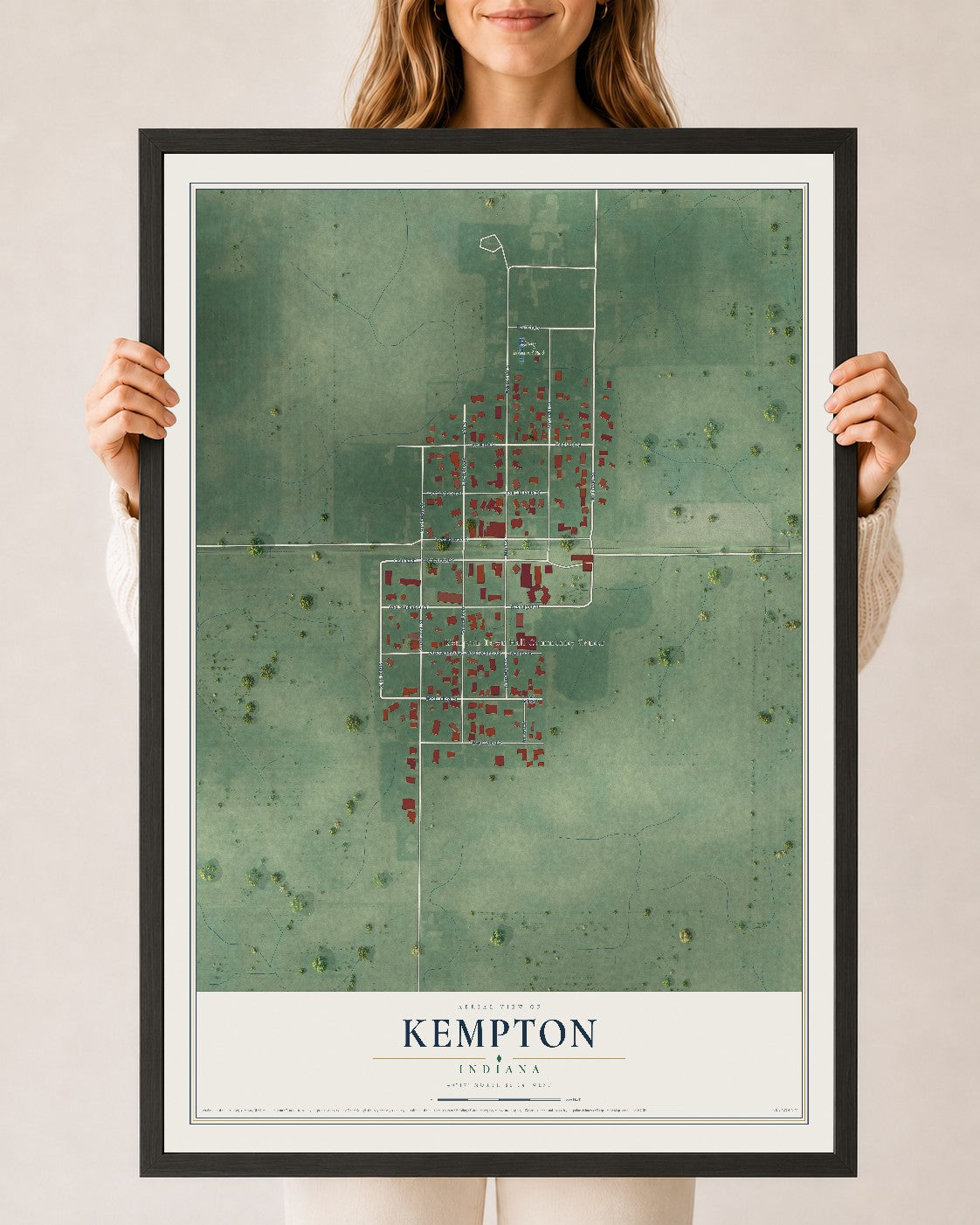 Map of Kempton, Indiana, 24 x 36 inch print in a black wood frame